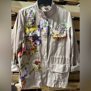 Chicos floral print satin utility jacket sz 2